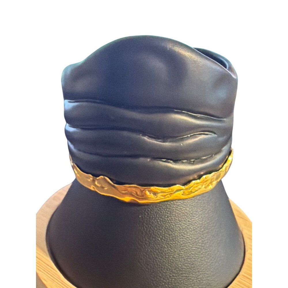 Alexis Bittar Matte Black Gold Molten Cuff Bracelet Pleated Sz 6" 1.25" Opening